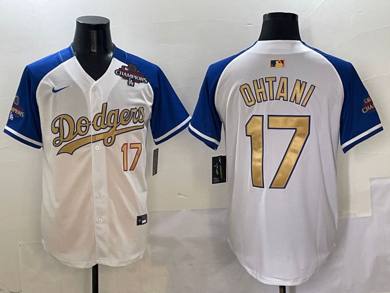 Men Los Angeles Dodgers #17 Ohtani White Blue Gold Game 2025 Nike MLB Jersey style 2->los angeles dodgers->MLB Jersey